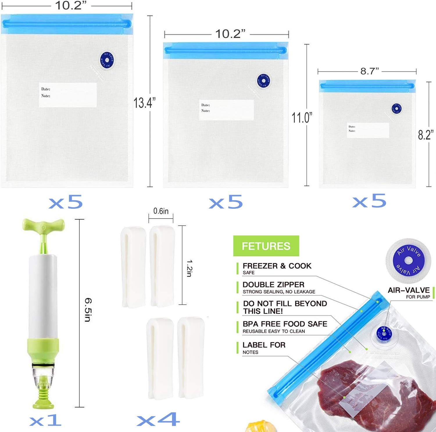 Reusable Sous Vide Bags 3 Sizes - 20 Pack with Hand Pump, Sealing Clips for Sous Vide Cooking and Food Storage (Blue Kit)