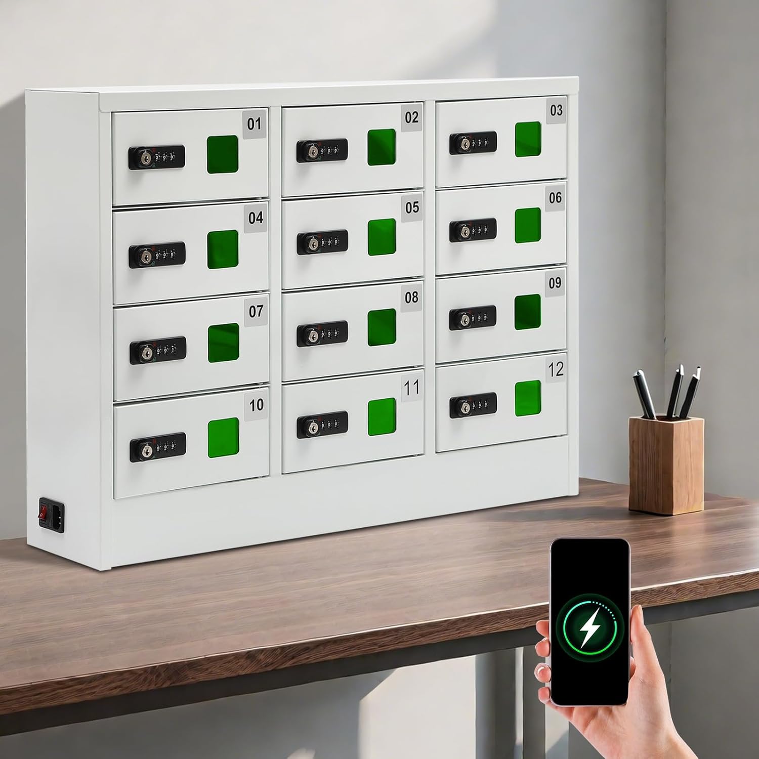 16-Unit Cellphone Charging Cabinet - Mobile Phone Charging Storage Cabinet, Combination Lock Smartphone Lockbox with QC3.0 Fast Charging & View Window for Classroom, Library, and Office (White)