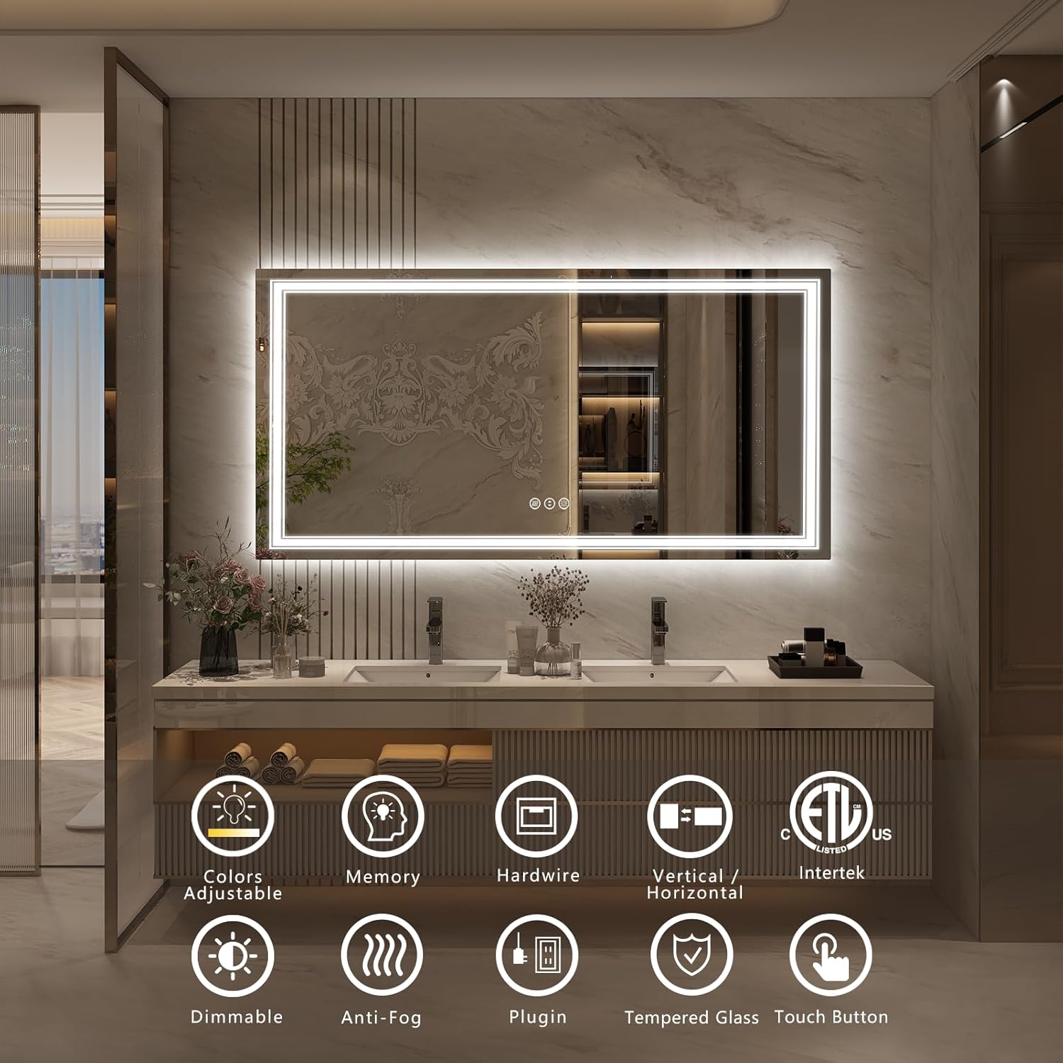 55x30 LED Lighted Bathroom Mirror for Wall, Large Dimmable Vanity Mirror with Lights, Anti-Fog, Shatterpoof, Memory, ETL Listed (Backlit + Front Lit)