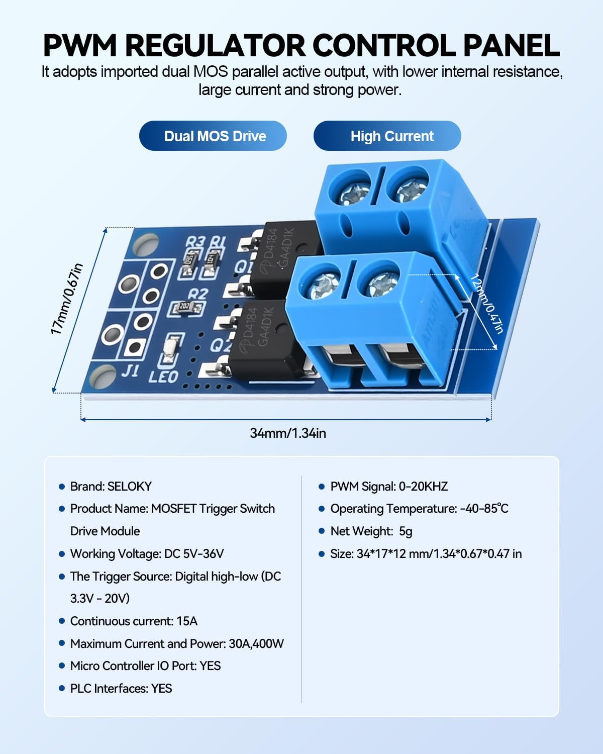 12PCS Dual High-Power MOSFET Trigger Switch Drive Module 0-20KHz PWM Adjustment Electronic Switch Control Board Motor Speed Controller Lamp Brightness Control, DC 5V-36V 400W, 15A (Max 30A)