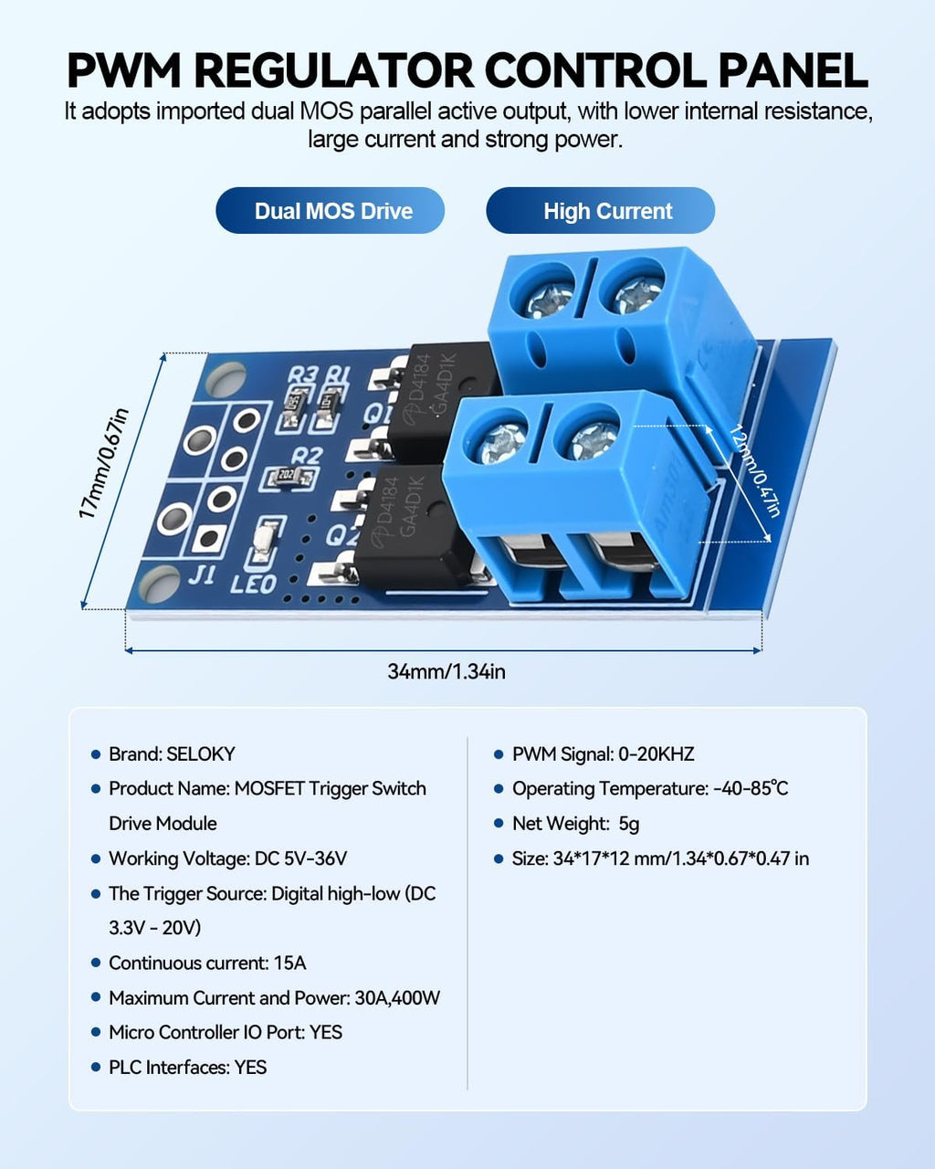Dual High-Power MOSFET Trigger Switch Drive Module 0-20KHz PWM Adjustment Electronic Switch Control Board Motor Speed Controller Lamp Brightness Control, DC 5V-36V 400W, 15A (Max 30A) (30PCS)
