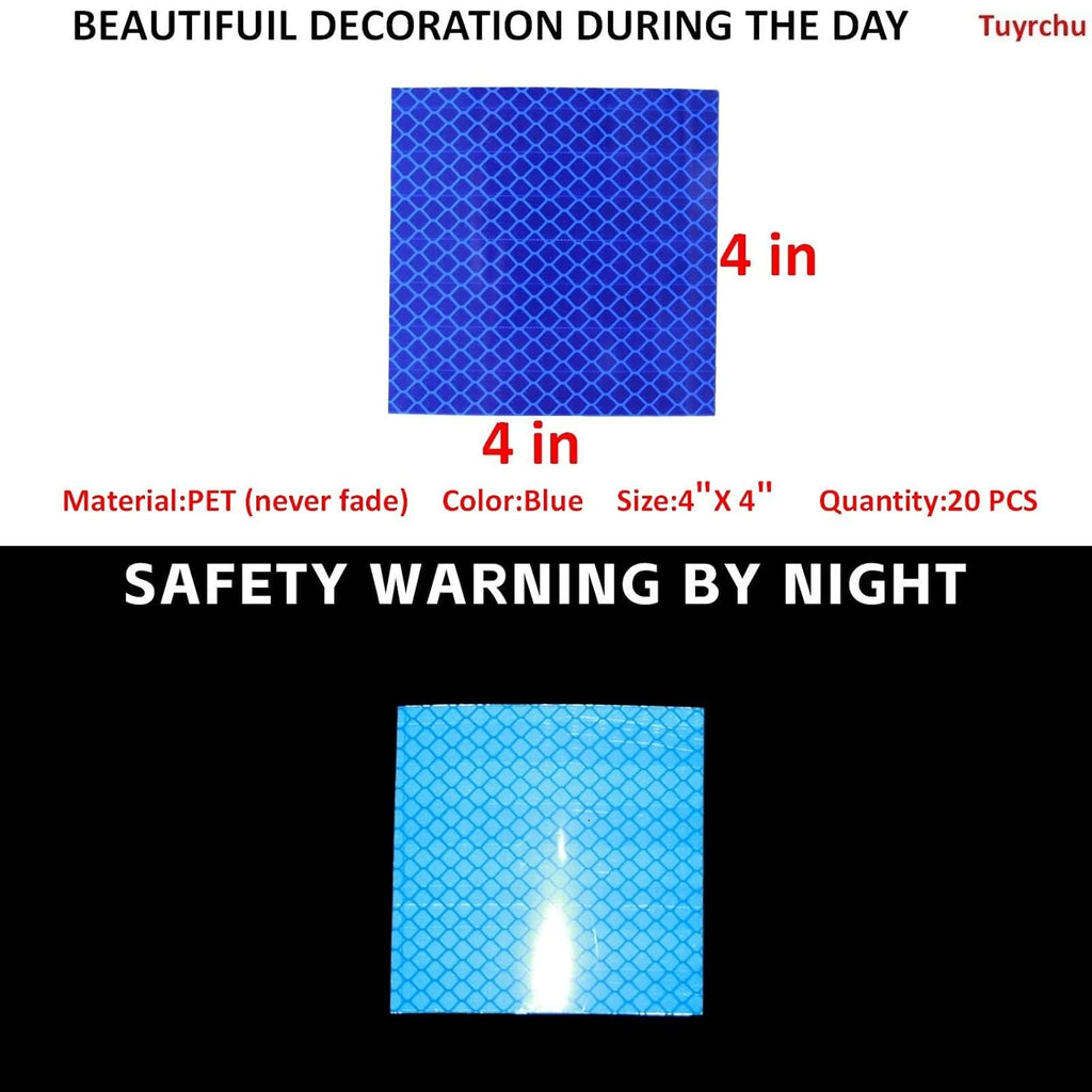 Non Fading Blue Reflective Stickers 4 inch X 4 inch, Outdoor Waterproof High Visibility Warning Safety Adhesive Reflector Tape (20 Pcs)