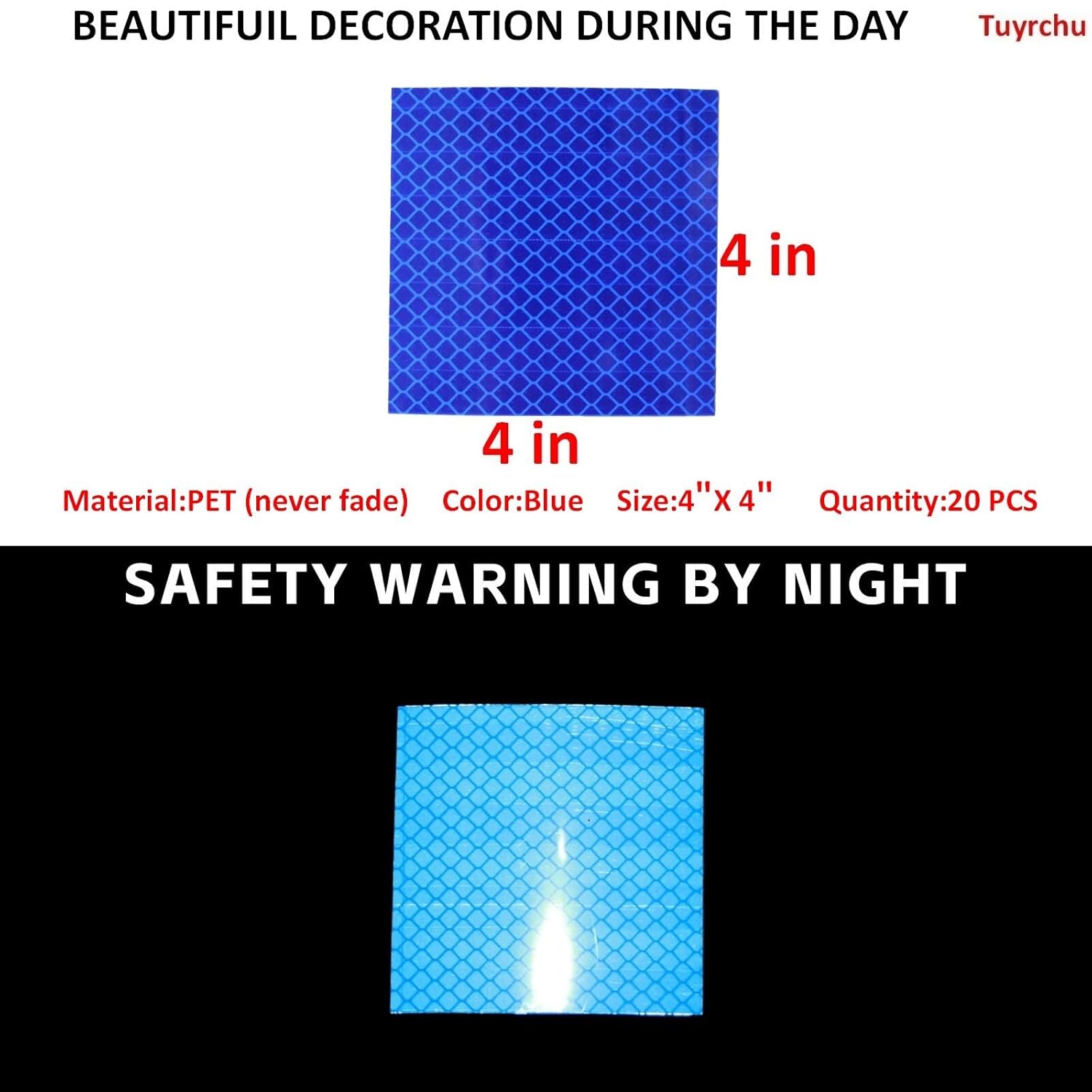 Non Fading Blue Reflective Stickers 4 inch X 4 inch, Outdoor Waterproof High Visibility Warning Safety Adhesive Reflector Tape (20 Pcs)
