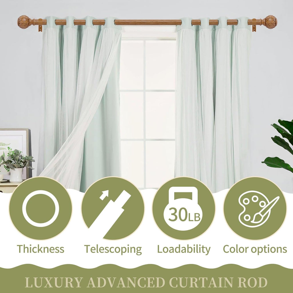Wood Boho Curtain Rods for Windows:18-60Inch Wooden Farmhouse Curtain Rod for Bedroom Living Room,Heavy Duty Adjustable Rustic Decorative Drapery Rods with Vintage Imitation Wood Finial,Brown
