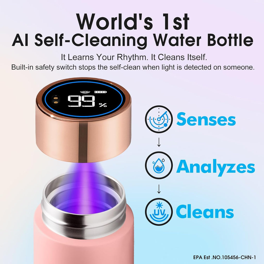 Vsitoo Smart self cleaning Insulated Water Bottle, 8.5oz Stainless Steel Vacuum Flask, AI Self-Clean, 30-Day Battery Life, BPA-Free, Magnetic Charging, Portable Travel Mug Gifts for Men Women, Pink