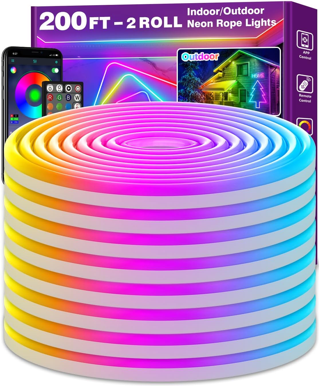 AILBTON 200Ft Neon Rope Lights,Flexible Led Rope Lights Control with App/Remote,Multiple Modes Rope Lights,IP65 Outdoor RGB Led Neon Light,Music Sync Gaming Led Neons Light Strip for Bedroom Decor