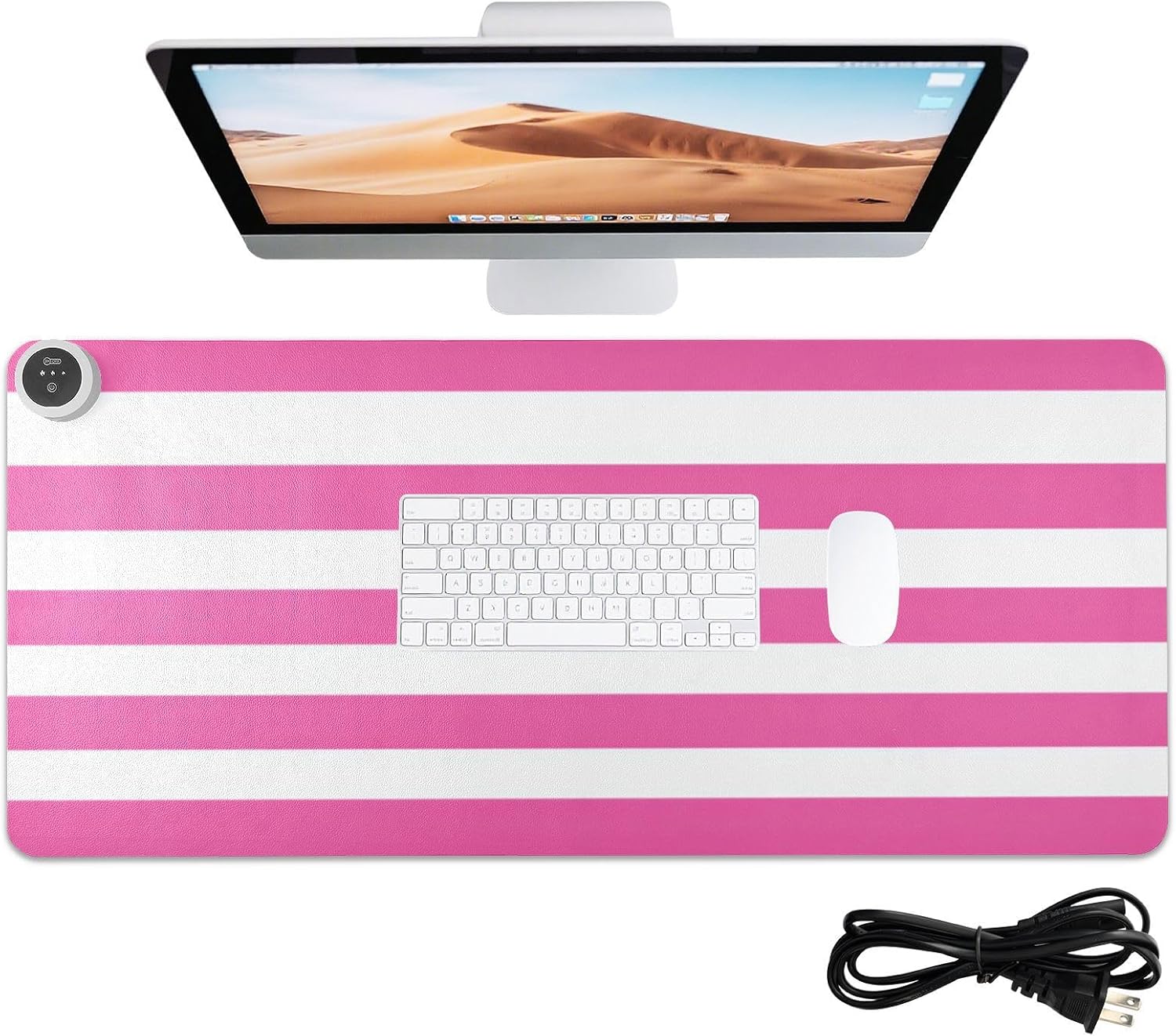 Heated Desk Pad Mouse Pad 31.5x13 Inch PU Leather Desk Mat with 3 Heat Levels Large Mouse Gaming Computer Laptop Mat Hot Pink White Stripes