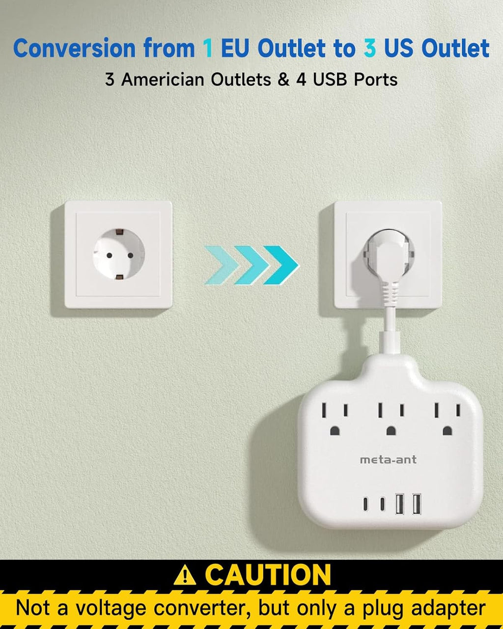 European Travel Plug Adapter 3 inch, International Plug Adapter, US to Europe Plug Adapter with 3 Outlets 4 USB Ports(2 USB C), Type E F Power Adapter to EU Germany Spain France Portugal Iceland