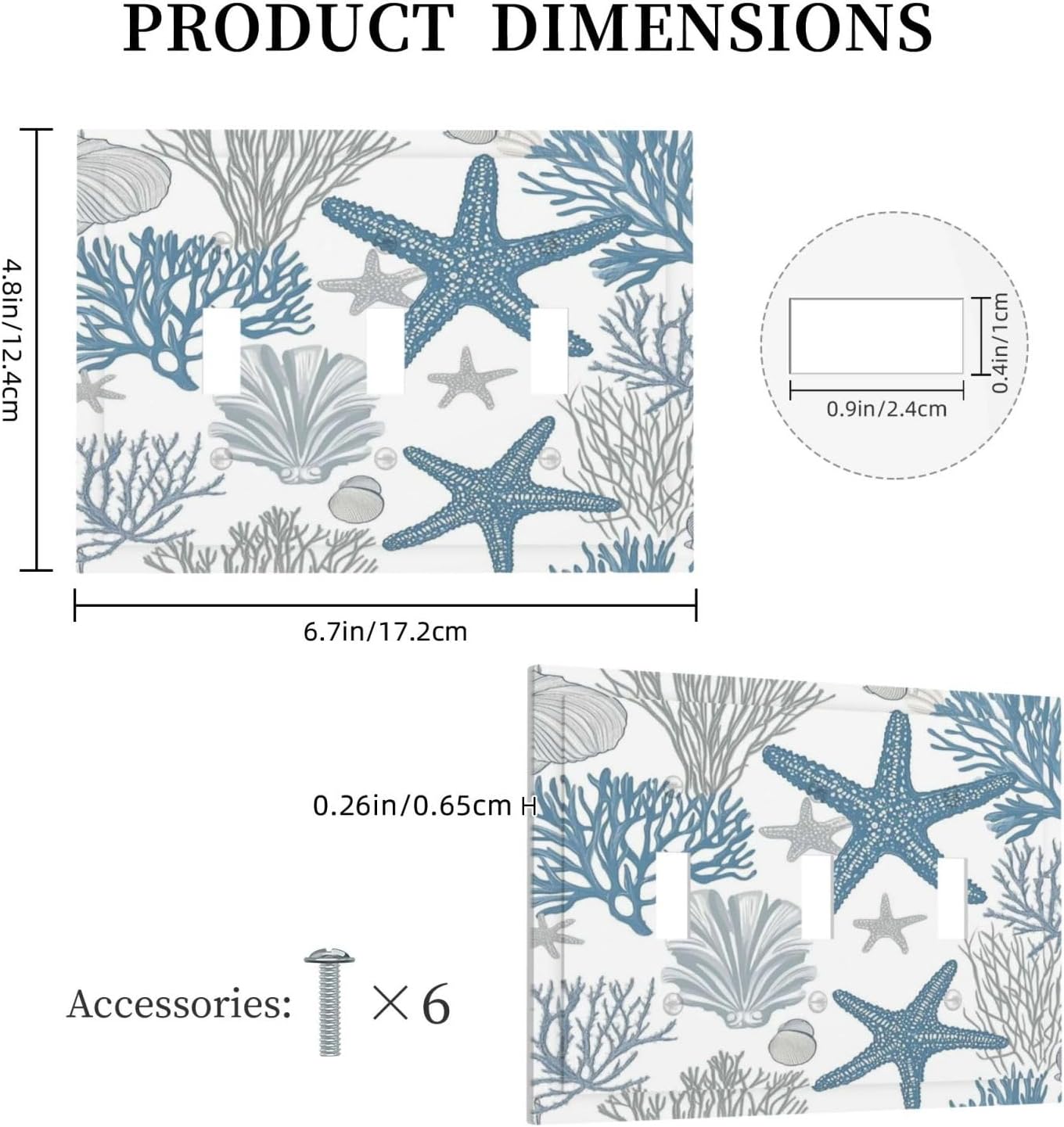 Blue Starfish Nautical Beach Conch Coastal Coral Shell Decorative Switch Plates 3 Gang Wall Plate Triple Toggle Light Switch Cover Faceplate Electrical Wall Panels For Kids Room Bathroom Decor
