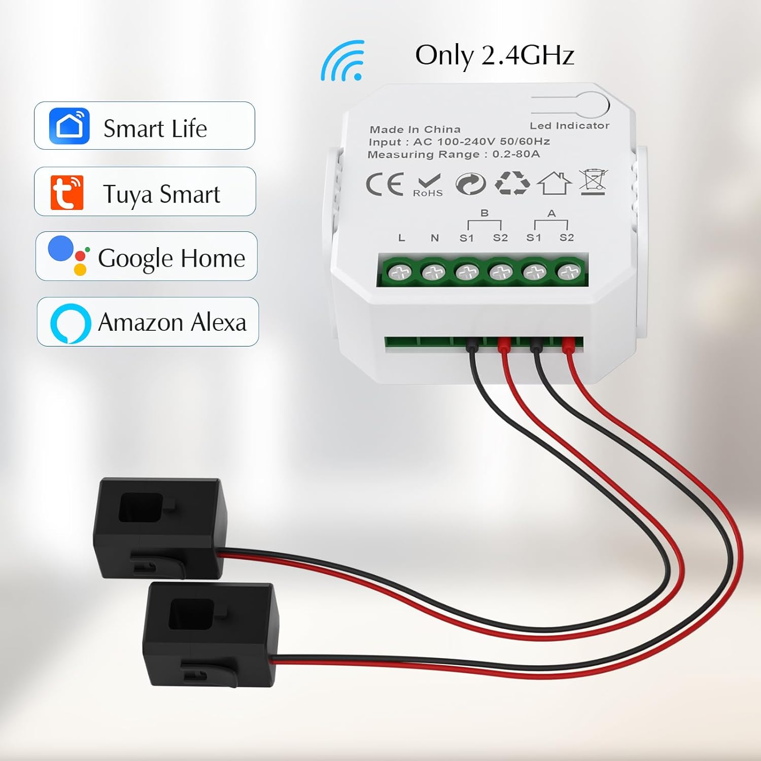 eMylo 2 Channel WiFi Power Meter 80A+80A Smart Power Monitor,Clamp Ammeter Power Monitor,2.4GHz WiFi,Real Time Monitoring,Smart Life/TUYA APP, Compatible with Alexa and Google Assistant