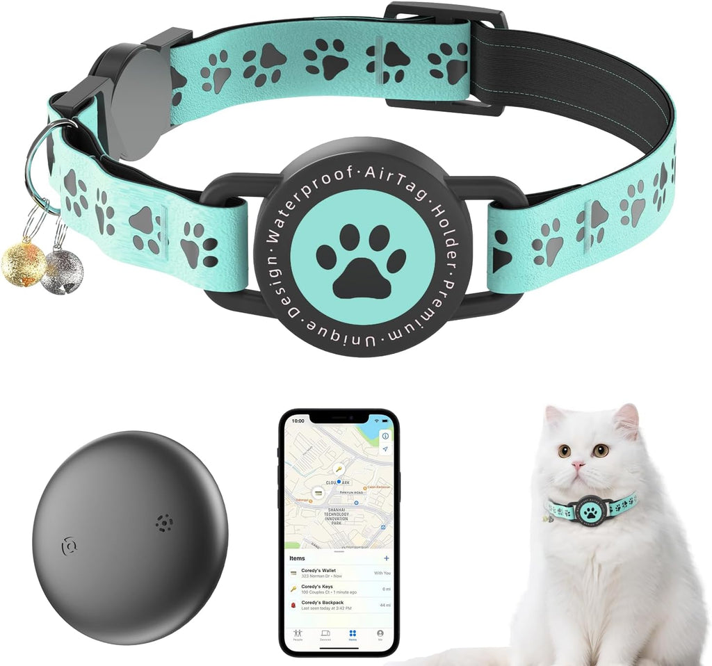GPS Tracker for Cats, Waterproof GPS Cat Trackers Cats Collar with Bells, No Subscription, GPS Cat Collar, Adapt with Apple Find My (iOS Only) Finder Tag for items Pets Christmas Gift (Blue)
