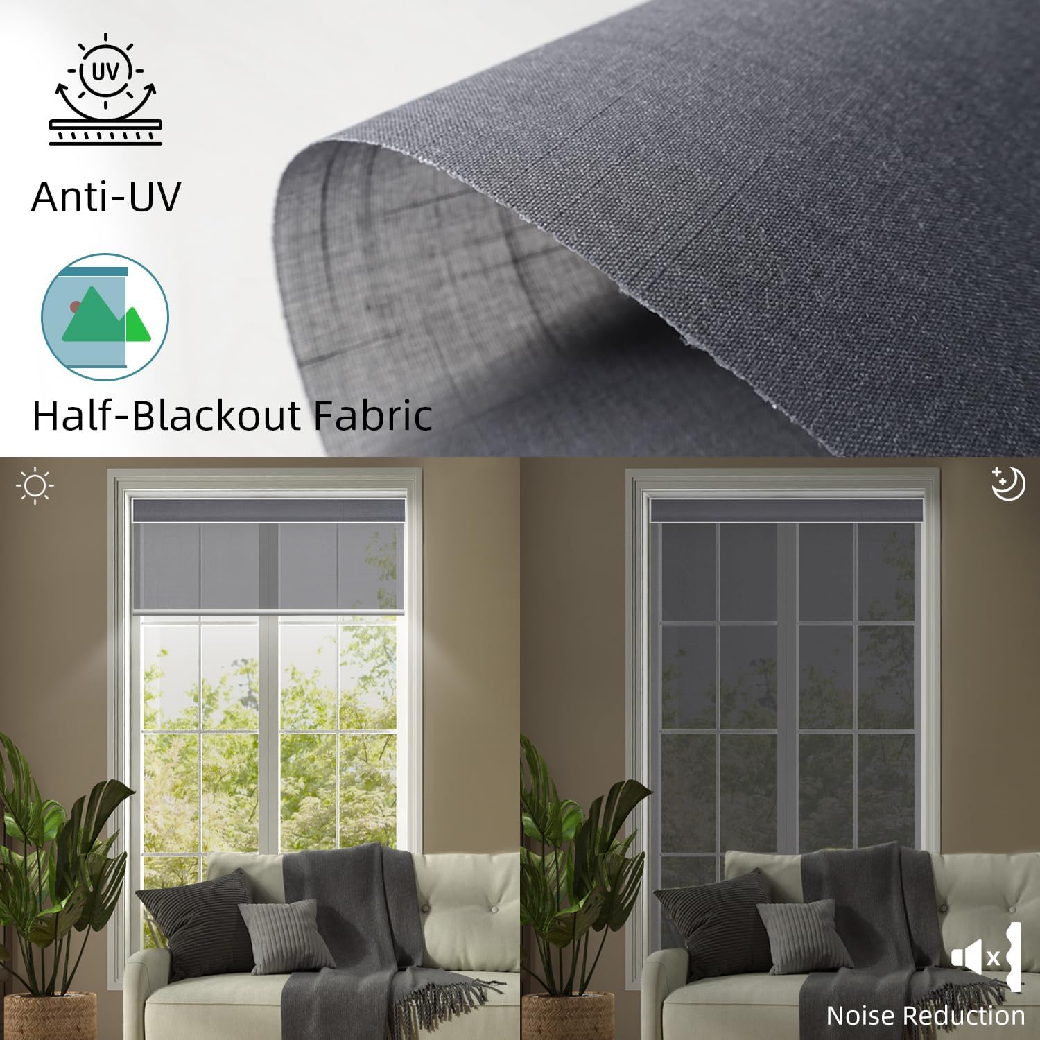 SmartWings Motorized Light Filtering Roller Shades 60% Blackout Custom Size, Rechargeable Battery, Works with Matter/Apple HomeKit, Alexa, Thread/Zigbee, Remote Optional, 60% Twilight Heather Grey