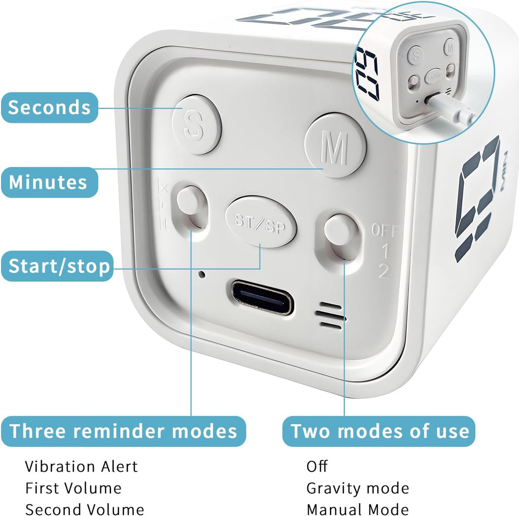 Pomodoro Timer, Cube Productivity Timer with Adjustable Sound and Vibration Alert, Ideal for Work, Office, ADHD, Study, and Tasks - 5/10/30/60 Minutes & Custom Countdown - White