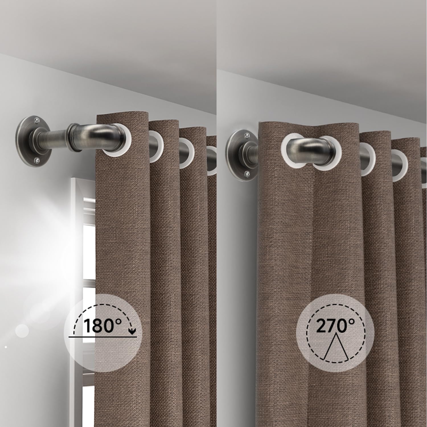 Industrial Curtain Rods 18 to 45 in,Wrap Around Rods, Adjustable Curtain Pole,1 in Diameter Pipe Wall or Ceiling Mounted,for Living Room(Antique Nickel 18” to 45”)