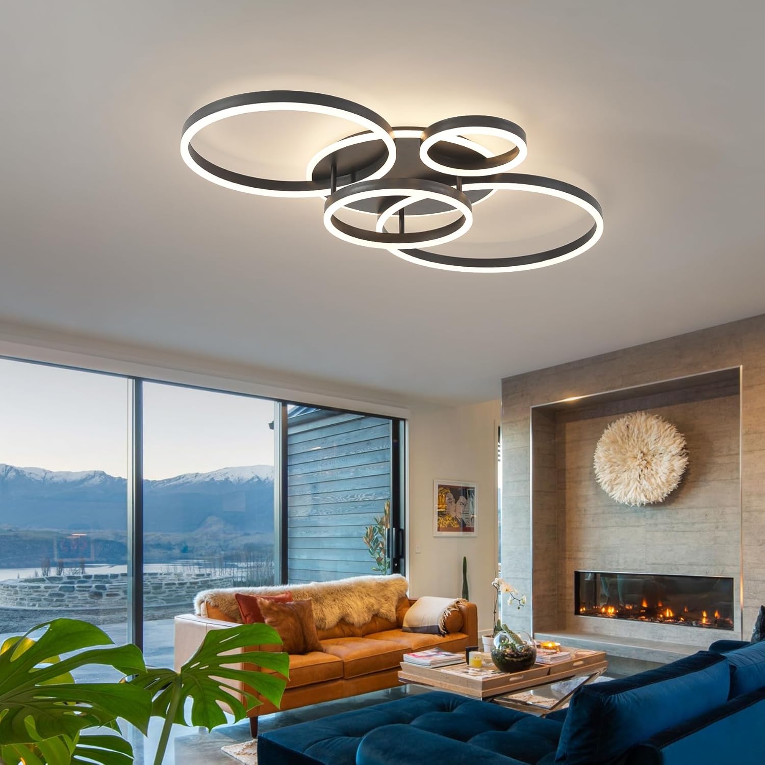 O'NEELDY Flush Mount Modern Ceiling Light Black Led Modern Light Fixtures Ceiling Mount Lights 4 Rings Led Chandelier Lamp Fixture with Remote for Living Room Kitchen Dining Room Bedroom