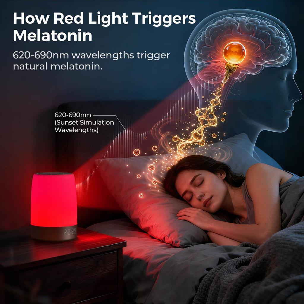 Smart Red Light Therapy Lamp & Sleep Sound Machine for Bedroom with Alarm Clock, Night Light with App Control, 5-Level Red Light (620–690nm), 32 White Noises, Custom Timer, 2600mAh Battery, 7 Alarms