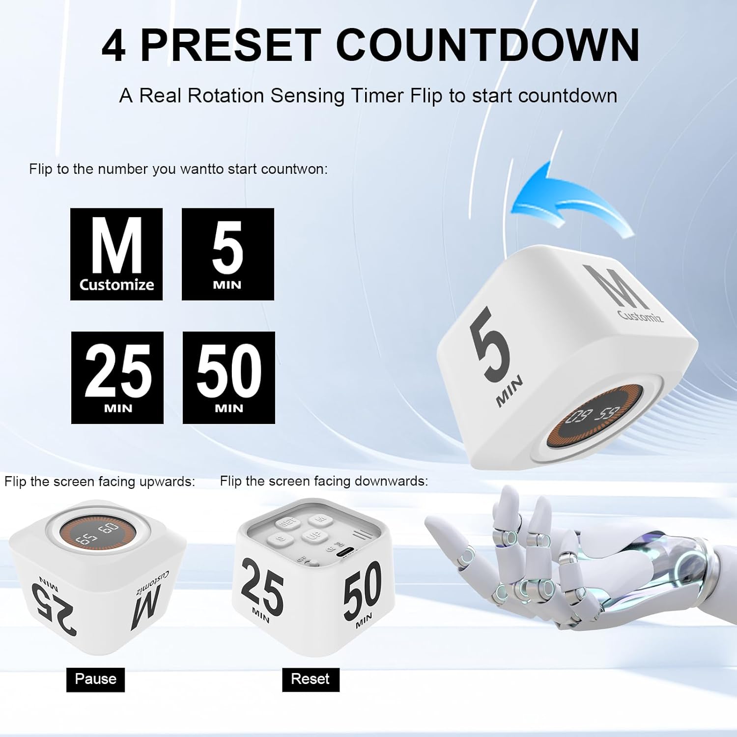 Rotating Cube Pomodoro Timer 5, 25, 10, 50 Min Preset + Custom Countdown, Desk Productivity Flip Visual Timer w/Silicone Case, Silent Mode, Ideal for ADHD Tool Study Work School (White)