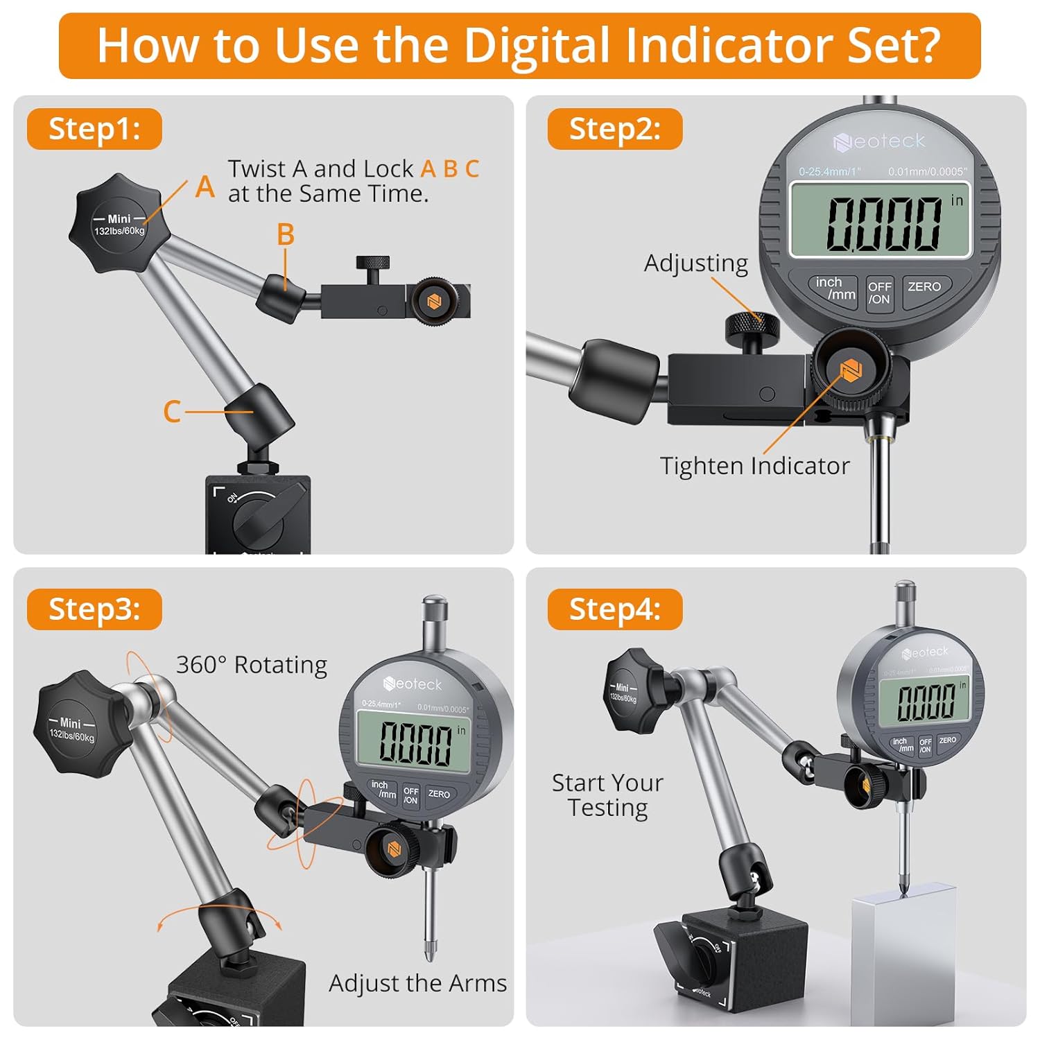 Neoteck 0-1”(0.0005") Digital Dial Indicator Gauge and 132 lbs (60kg) Max Pull Magnetic Base,Digital Dial Indicator Set with Inch/Metric Conversion for 3D Printer and CNC Machine