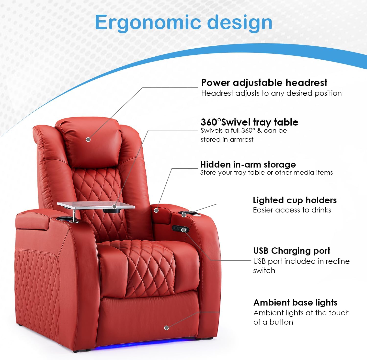 Weilianda Home Theater Seating Top Grain Leather Zero Gravity Recliner Chair Power Headrest Recline Movie Seat Gaming 7 Colors Mood Light Sofa with Tray Table USB Charge Row of 4 Loveseat Right Red