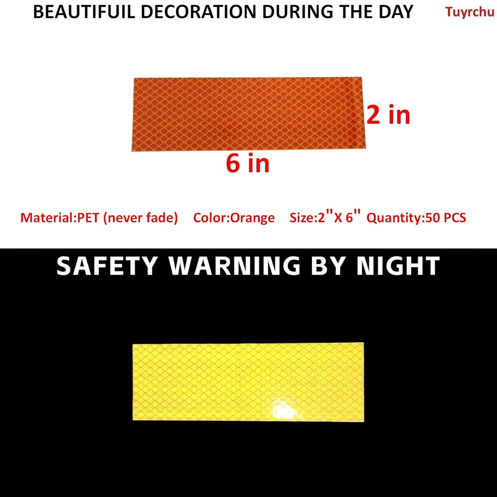 Non Fading Orange Reflective Stickers 2 inch X 6 inch, Outdoor Waterproof High Visibility Warning Safety Adhesive Reflector Tape (50 Pcs)