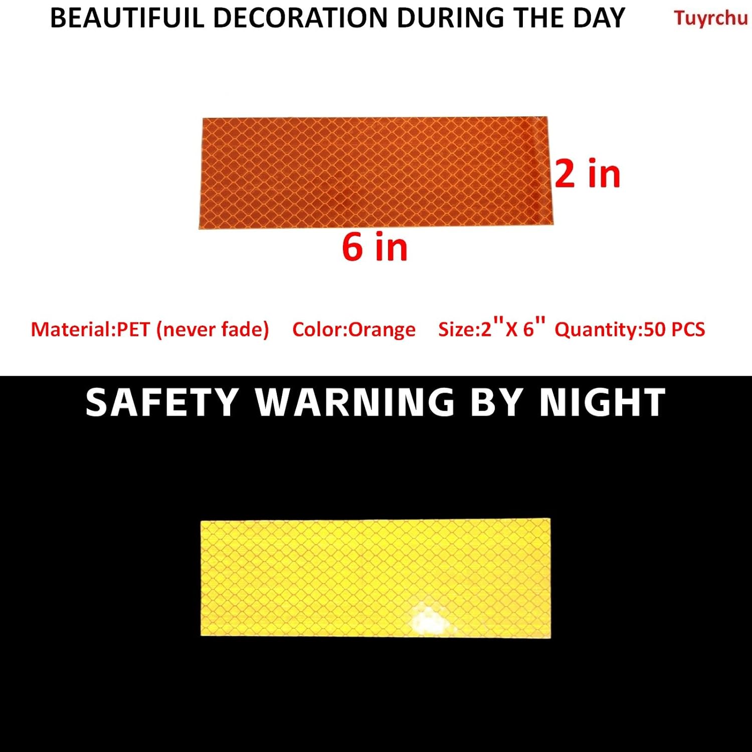 Non Fading Orange Reflective Stickers 2 inch X 6 inch, Outdoor Waterproof High Visibility Warning Safety Adhesive Reflector Tape (50 Pcs)