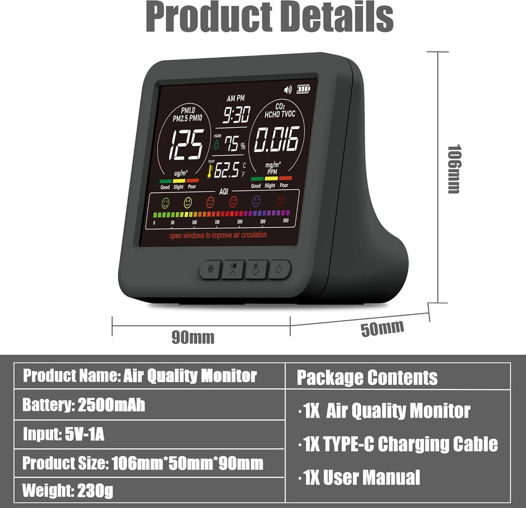 Professional Indoor Air Quality Monitor with 7X AQI Alarms,16 in 1 Portable Real-Time Detector for PM2.5 | PM10 | CO2 | TVOC | HCHO | Temp | Hum for Home Cars Plants Pets (Black)