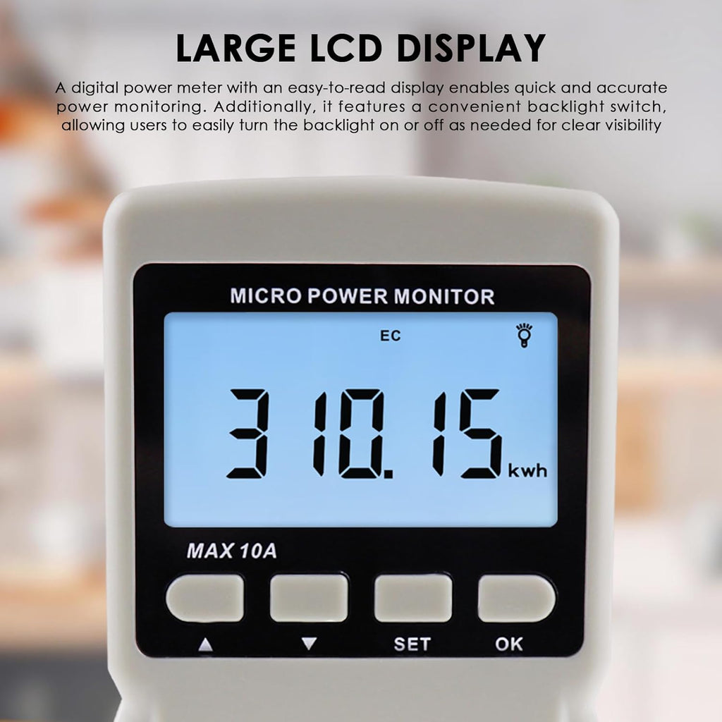Electricity Monitor, Digital Power Overload Protection LCD Plug in Power Watt Voltage Meter, 8 Display Modes for Energy Saving, Watt Meter Outlet, Energy Consumption Factor, Power Consumption Monitor
