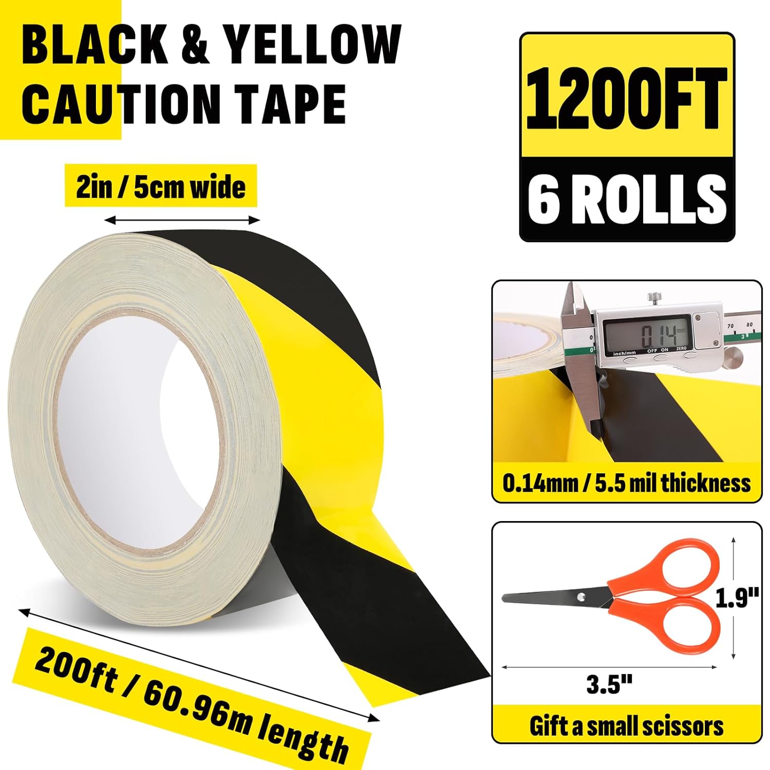6 Roll Black & Yellow Caution Tape, 2'' x 1200 FT Total Length Safety Tape, Black & Yellow Floor Marking Tapes, High Adhesive Hazard Tapes for Floors, Walls, Staircase, Equipment, Dangerous Area