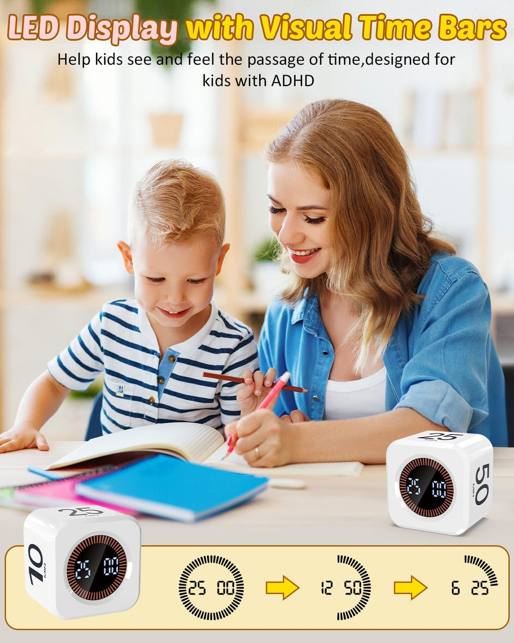 Pomodoro Timer Cube Visual Productivity Flip Timer for Kids Classroom Desk, 5/10/25/50min&Custom Countdown, Silent&Sound Mode Digital Cube for ADHD Study Work School Game Kitchen (White)