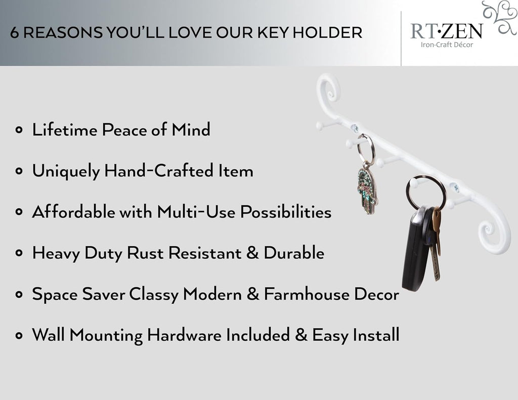 RTZEN Farmhouse Small Key Holder for Wall - Handcrafted Swirl Decorative 5 Key Hooks for Home Entryway - Wrought Iron Wall Mount Rack Purse Coat and Leash Holder or Organizer (Classic White)