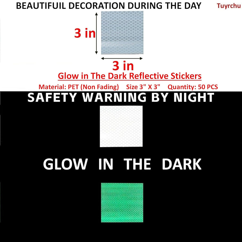 Glow in The Dark Reflective Stickers 3 inch X 3 inch for Truckskes, Warning Strong Safety Adhesive Reflective Strips (50 Pcs)
