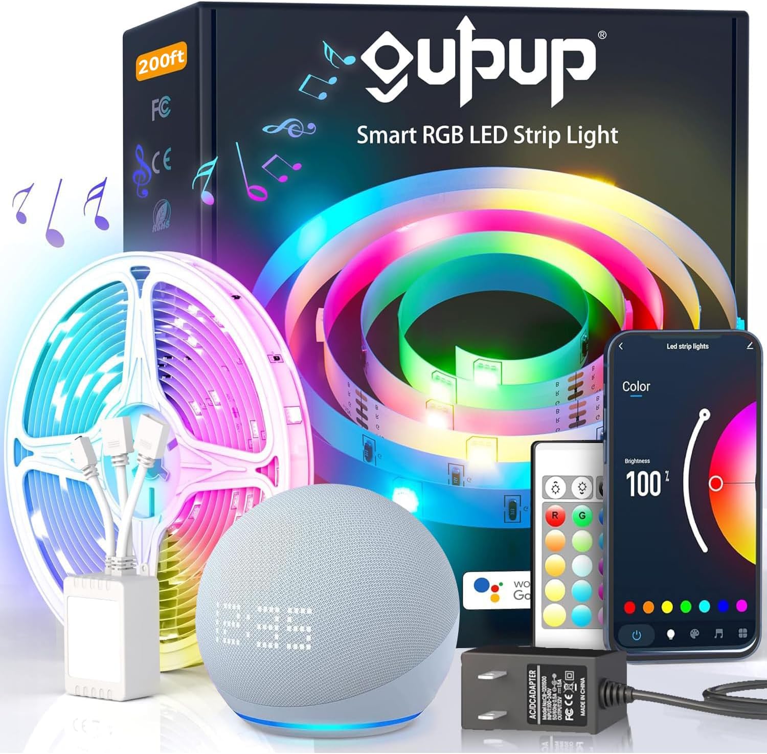 GUPUP 200ft LED Strip Lights WiFi, Compatible with Alexa & Google Assistant, 2 Rolls of 100ft RGB Led Light Strip,Color Changing, Music Sync Tape Lighting for Bedroom, Party, Home Decor