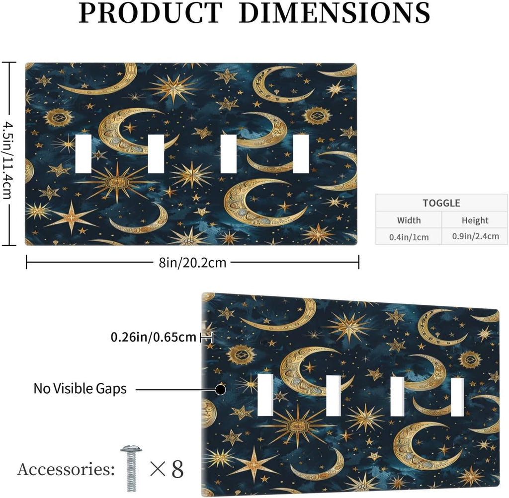 Light Switch Covers Modern Abstract Sky Blue Gold Moon Sun Star Quad Toggle Electrical Faceplate 4 Gang Wall Plate Decorative Switch Plates for Bedroom Kids room Decor