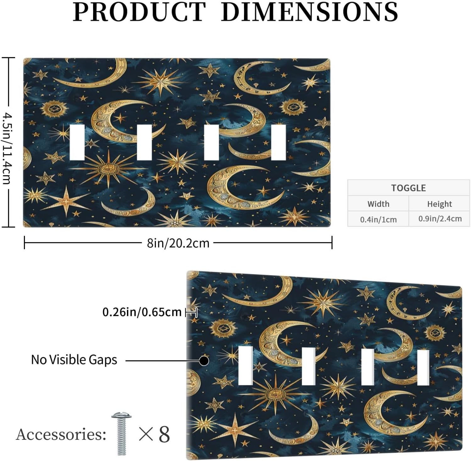 Light Switch Covers Modern Abstract Sky Blue Gold Moon Sun Star Quad Toggle Electrical Faceplate 4 Gang Wall Plate Decorative Switch Plates for Bedroom Kids room Decor