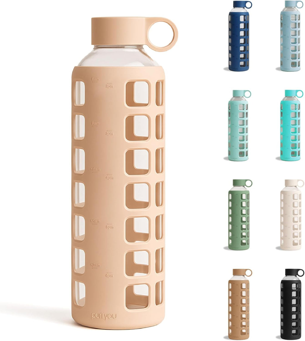 purifyou 40oz / 32oz / 22oz / 12oz Borosilicate Glass Water Bottle with Time & Volume Markers, Silicone Sleeve, Stainless Steel Lid | Reusable Glass Bottle for Water & Juice (32oz Hazelnut)