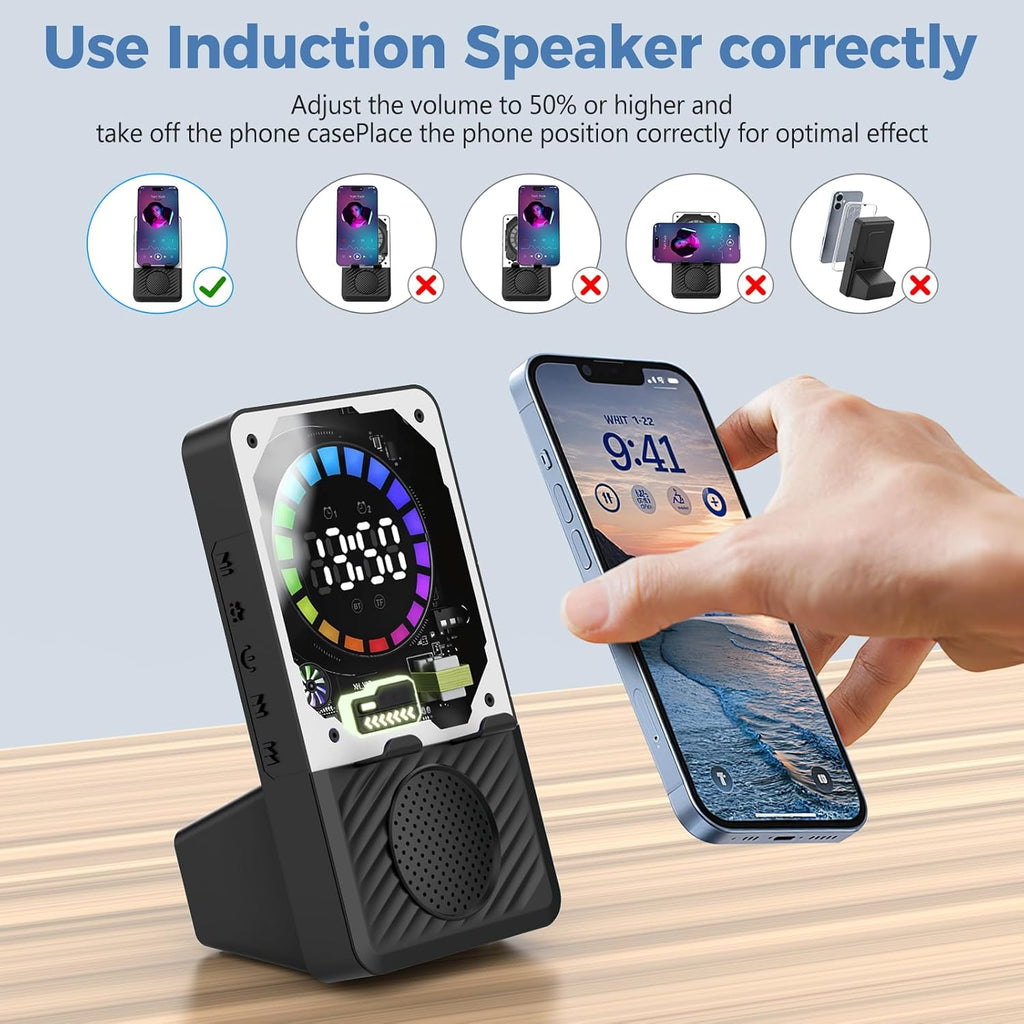 Wireless Induction Speaker, 5 in 1 Bluetooth Speaker with Cell Phone Stand, Phone Holder with Rechargeable Colorful Light and Alarm Clock for iPhone/Android/iPad, for Men Women（Black）