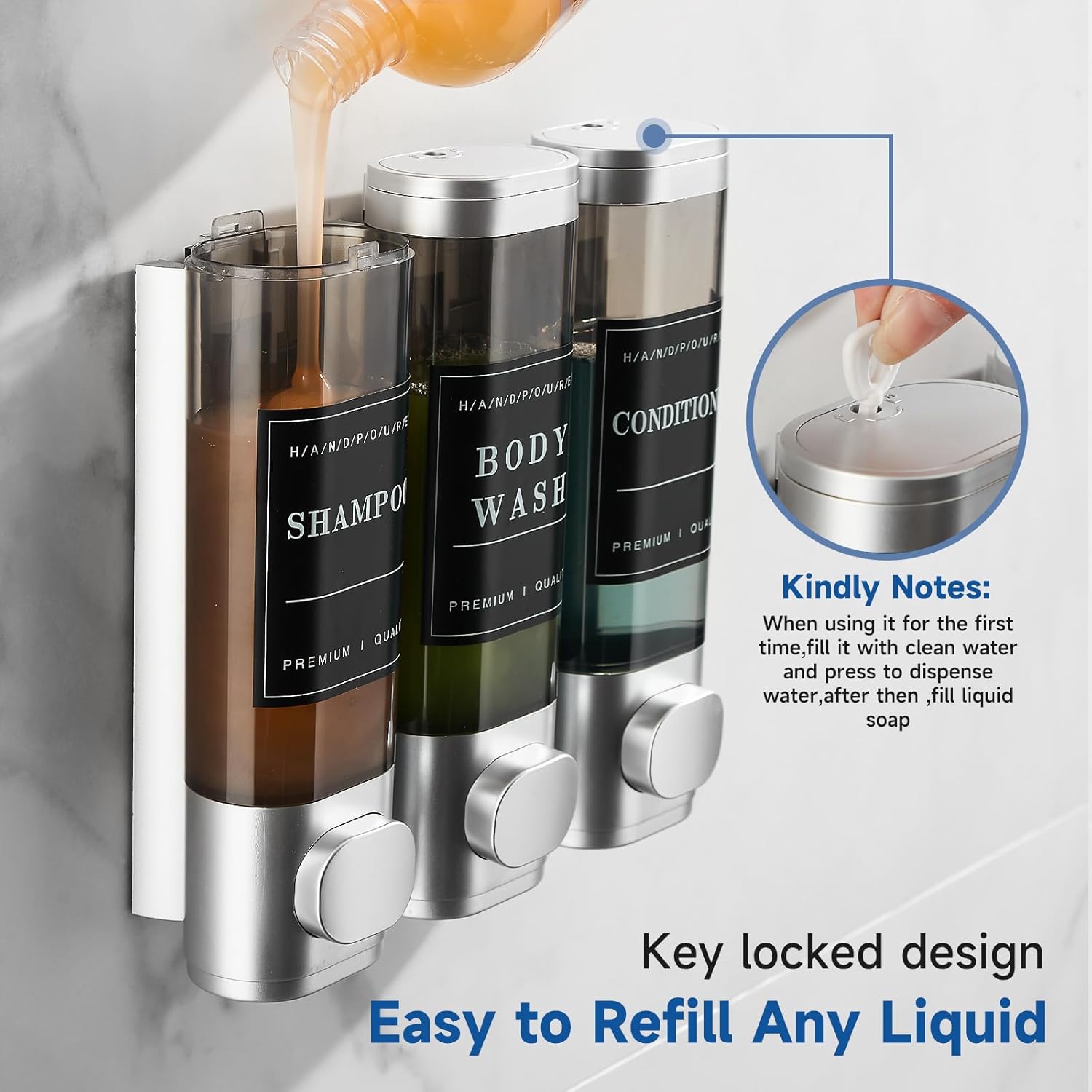 Shower Soap Dispenser 3 Chamber No Drill Wall-Mounted,Shampoo and Conditioner Dispenser Shampoo Dispenser for Shower Wall Mounted Body Wash Dispenser for Bathroom Hotel Kitchen Large Capacity