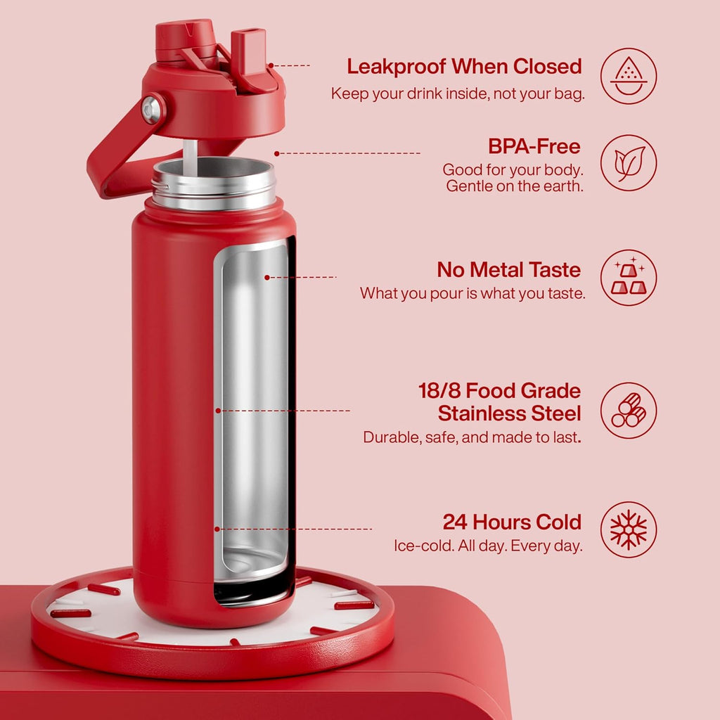 ENCOOL Insulated Water Bottle with Straw Stainless Steel Water Bottle, Leak-Proof, BPA-Free, Double Wall Vacuum Keeps Cold for 24 Hours for Sports, Travel, School (32 oz, Medium Carmine)