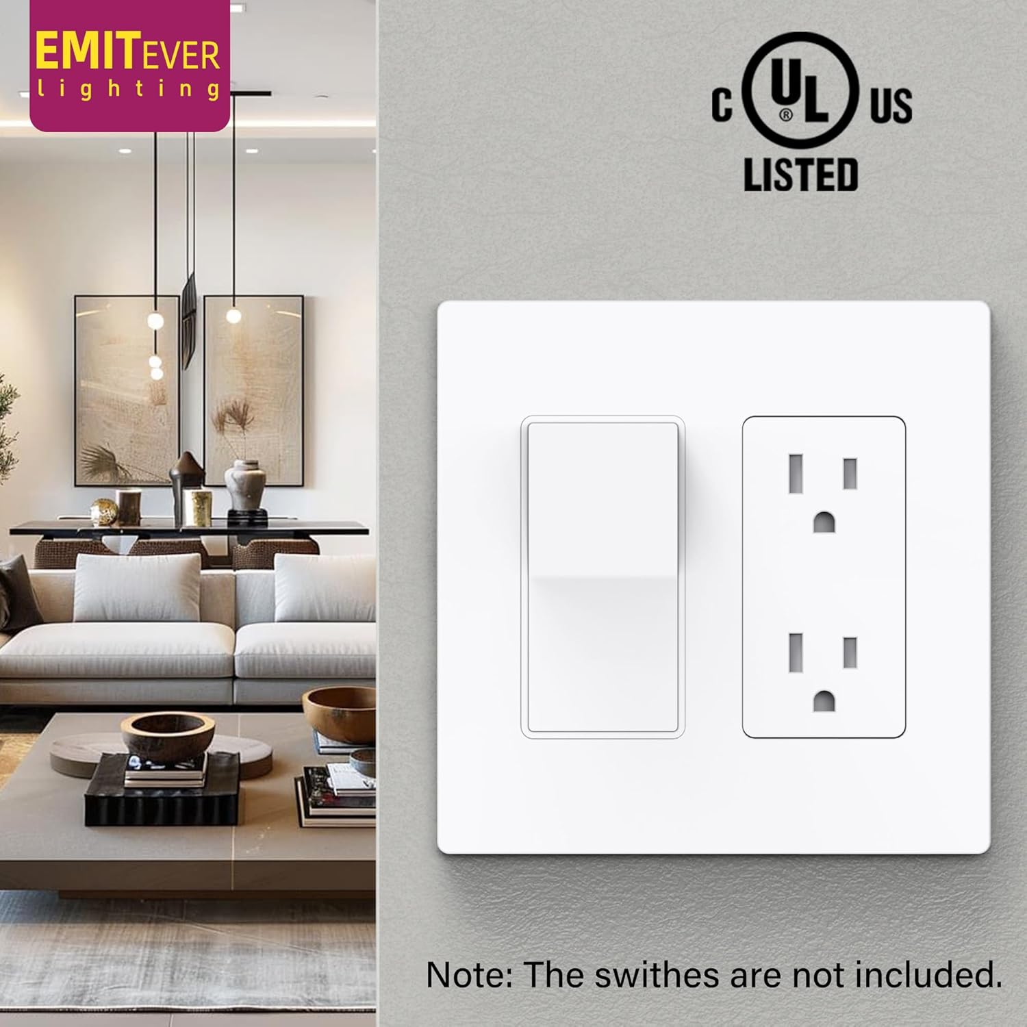 EMITEVER 2-Gang Screwless Decorator Wall Plate Cover for Receptacle Outlet & Light Switch, Standard Size 4.53"H x 4.53"W, Unbreakable Thermoplastic Faceplate, UL Listed, Matte White 5-Pack