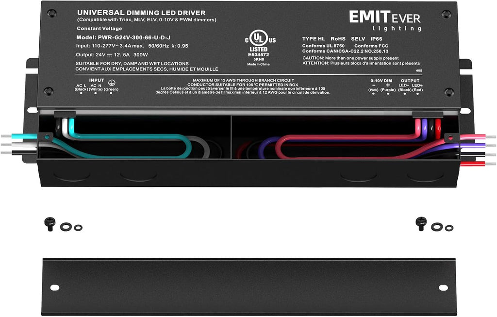 EMITEVER Dimmable Led Driver, 300W AC 110V-277V to DC 24V Transformer, 5-in-1 Dimming: ELV/MLV/TRIAC / 0-10V / 1-10V / 10V PWM/Potentiometer, Waterproof IP67 and UL Listed