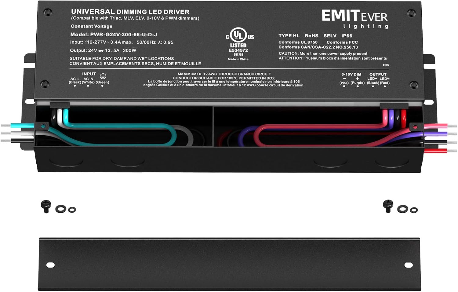 EMITEVER Dimmable Led Driver, 300W AC 110V-277V to DC 24V Transformer, 5-in-1 Dimming: ELV/MLV/TRIAC / 0-10V / 1-10V / 10V PWM/Potentiometer, Waterproof IP67 and UL Listed