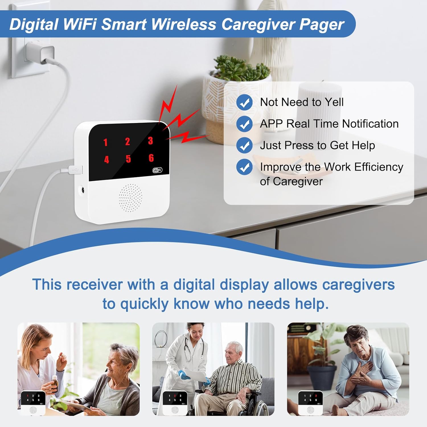 WiFi Caregiver Pager Wireless Call Button Life Alert Systems for Seniors No Monthly Fee with LED Number Display Alert Button for Elderly Patient Disabled 6 Button 1 Receiver(only Supports 2.4GHz WiFi)