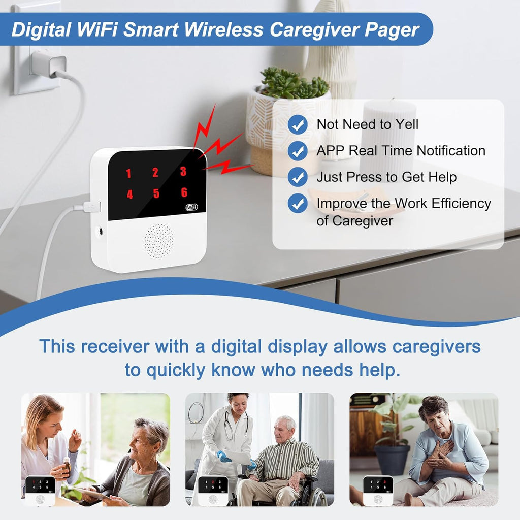 WiFi Smart Wireless Caregiver Pagers for Elderly Alert Button That Calls Cell Phone Caregiver Alert System with LED Number Display 2 SOS Call Button 1 Receiver(Only Supports 2.4GHz & No Monthly Fee)