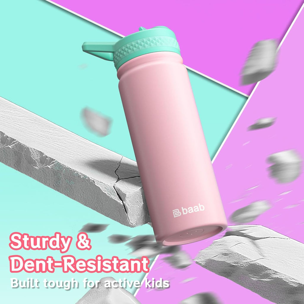 baab 18oz Kids Water Bottle, Insulated Water Bottle with Straw & Stickers, 18/8 Stainless Steel Vacuum Leakproof Kids Water Straw Cup for School, Perfect for Boy Girl (Pink+Purple, 2 Pack)
