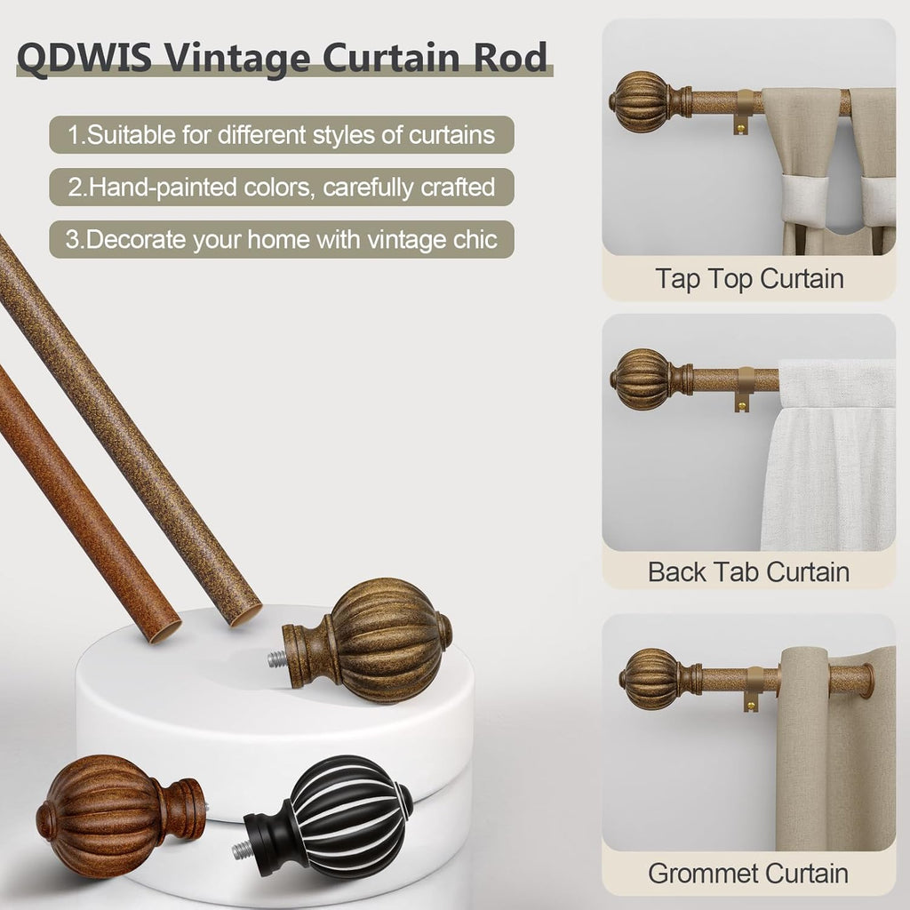 Antiqued Bronze Curtain Rods for Windows 72 to 144 Inch, 1'' Adjustable Heavy Duty Curtain Rod，Vintage Decorative Drapery Rods with Pumpkin Finials for Bedroom Living Room
