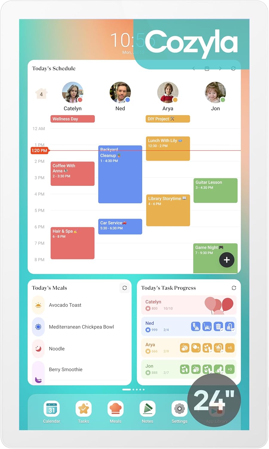 Cozyla Mate Digital Calendar+ 2: 24 Inch Wall Touch Screen Chore Chart Customizable Dashboard Smart Electronic Calendar for Family Schedules Meal Planner Supports All Google Play Apps Wall Mount White