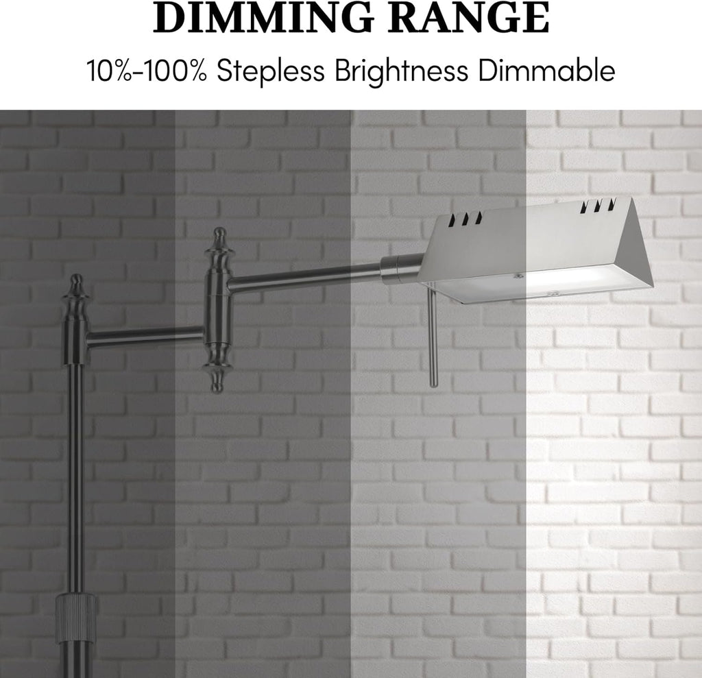 Dimmable Pharmacy Floor Lamp with Remote, 15W LED Reading Floor Lamp with 360°Swing Arm, 3 Color Temperature, Height Adjustable Silver Standing Task Lamp for Living Room, Bedroom, Brushed Nickel