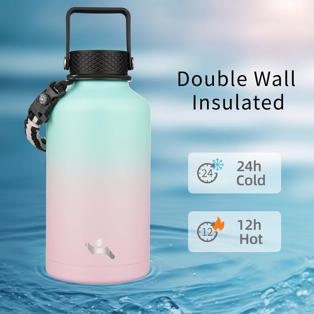 Half Gallon Insulated Water Bottle with Straw,64 oz 3 Lids Water Jug with Carrying Bag,Paracord Handle,Double Wall Vacuum Stainless Steel Metal Flask,Gum
