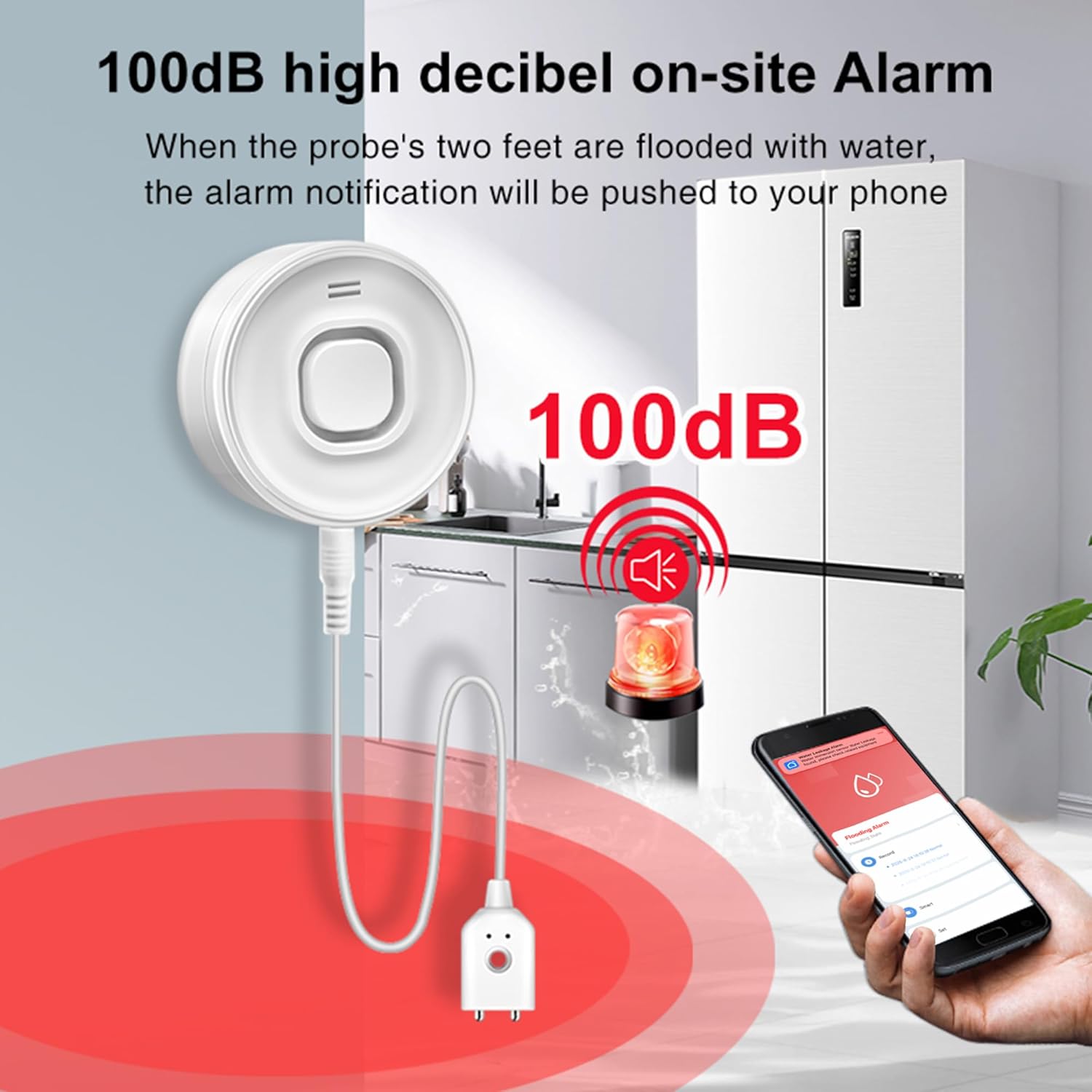 WiFi Water Leak Detectors for Home with Tuya APP Push and 100dB Sound Alarm, Suit for Warehouse, Basement, Kitchen, Laundry Room, Compatible with Alexa&Google Assistant (Support WiFi 2.4G)