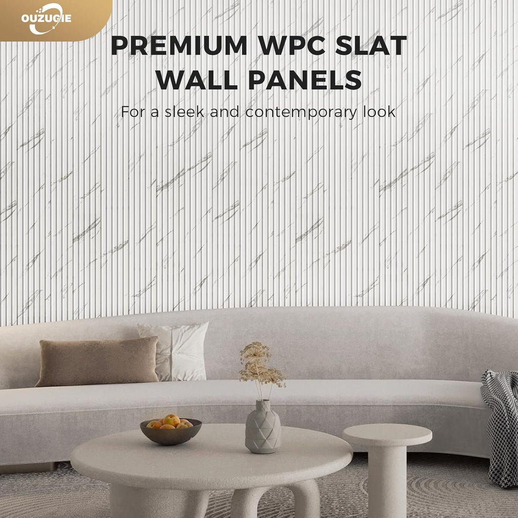 OUZUGIE WPC Acoustic Slat Wall Paneling, 8-Pack 96 x 6 Inches 3D Wall Panels for Interior Wall Decor,Living Room,TV Background,Study Room,Office Spaces,Bedroom,Low Grille (White)